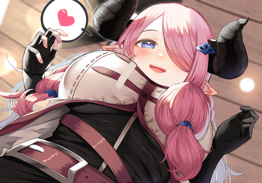 :d asymmetrical_gloves belt black_gloves blue_eyes blush breasts draph fingerless_gloves gloves granblue_fantasy hair_ornament hair_over_one_eye hairclip heart highres horns large_breasts long_hair looking_at_viewer looking_down low-tied_long_hair mismatched_gloves multiple_belts narmaya_(granblue_fantasy) on_lap pink_hair pointy_ears pov sidelocks smile spoken_heart upper_body yamato_(muchuu_paradigm)