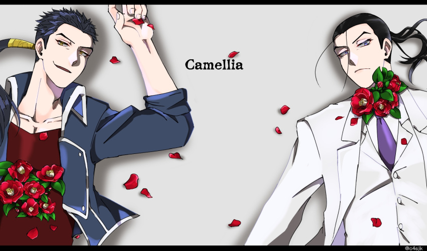 2boys arm_up artist_name black_hair blue_eyes blue_jacket camellia closed_mouth collarbone commentary_request dual_persona english_text flower forehead formal fullmetal_alchemist grey_background half-closed_eyes happy high_collar jacket letterboxed long_hair looking_at_viewer lying male_focus multiple_boys necktie on_back open_clothes open_jacket open_mouth osenchurii pectoral_cleavage pectorals petals ponytail purple_necktie red_flower red_shirt shirt simple_background smile solf_j._kimblee suit twitter_username upper_body v-shaped_eyebrows vest watermark white_jacket white_shirt white_suit white_vest yellow_eyes