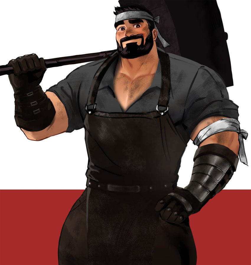 1boy abs apron bandaged_arm bandages bara beard biceps black_eyes black_hair blacksmith blush collared_shirt dirty dirty_clothes dirty_face facial_hair gauntlets hammer hand_on_hip highres jang_ju_hyeon looking_at_viewer male_focus manly mature_male muscular muscular_male original over_shoulder pants pectoral_cleavage pectorals shirt short_sleeves solo spiked_hair thick_arms thick_eyebrows thick_thighs thighs weapon weapon_over_shoulder