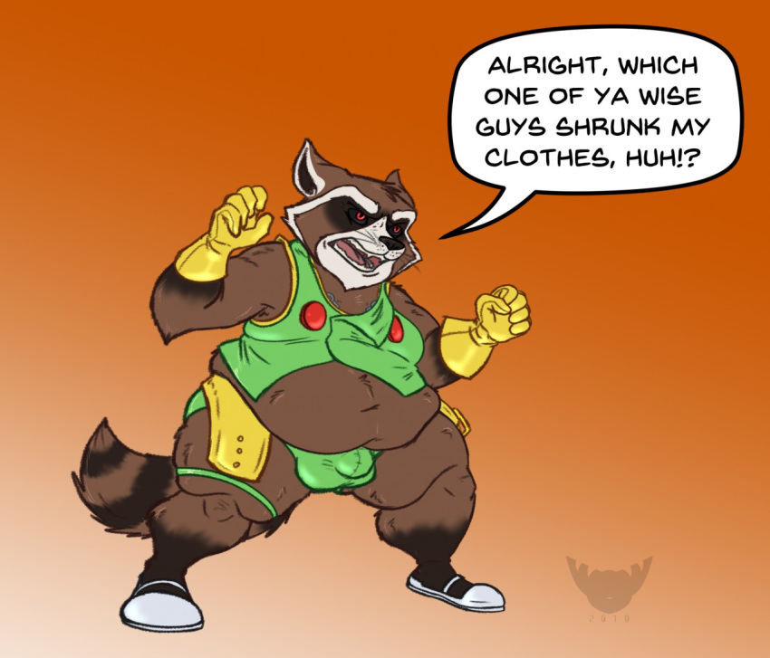 2019 anthro basicbiscuit belly big_belly bulge chubby_anthro chubby_male clothing dialogue fangs fist footwear fur gloves green_clothing guardians_of_the_galaxy handwear male mammal marvel navel open_mouth overweight overweight_anthro overweight_male procyonid raccoon rocket_raccoon slightly_chubby solo spread_legs spreading text tongue whiskers