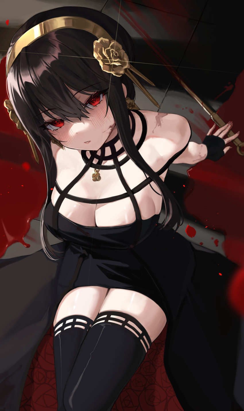 1girl absurdres black_gloves black_hair blood blood_on_weapon blush breasts cleavage dagger earrings fingerless_gloves from_above gloves gold gold_hairband highres jewelry knife large_breasts looking_at_viewer looking_up parted_lips petals pomp_(qhtjd0120) red_eyes rose_hair_ornament sitting solo spy_x_family thighhighs weapon yor_briar zettai_ryouiki