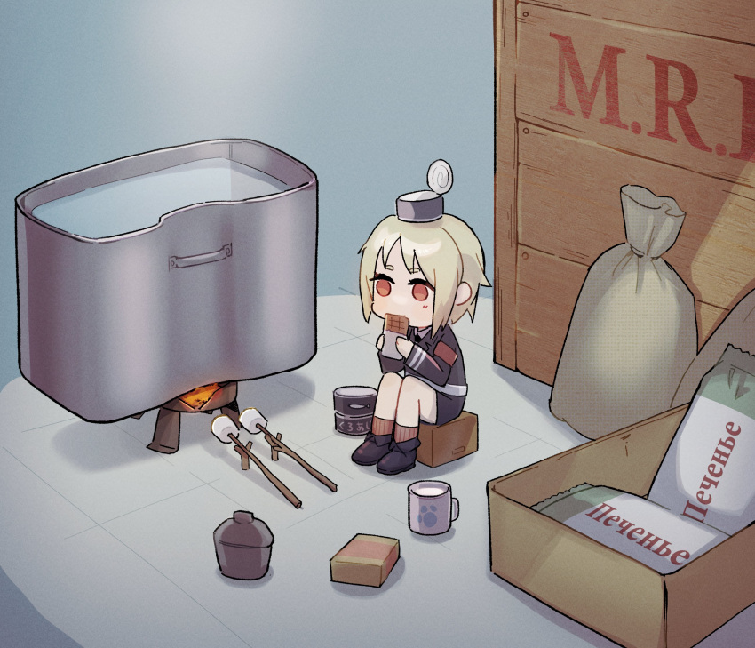 1girl armband blonde_hair brown_eyes brown_legwear can candy canned_food chibi chocolate chocolate_bar cooking crate cup eating fire food gegesenseilove girls'_frontline highres marshmallow mp40_(girls'_frontline) mre mug russian_text sack shoes shorts solo stick