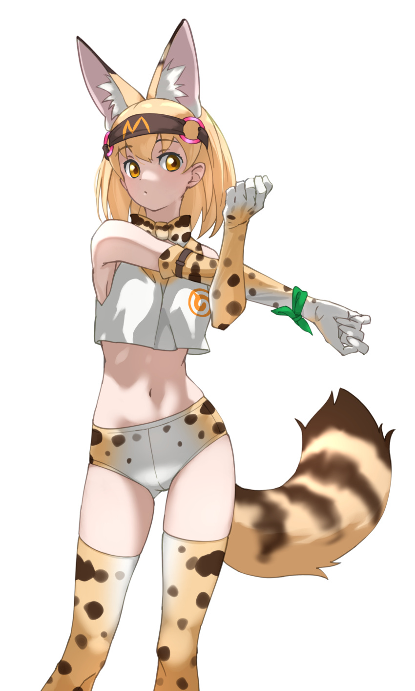 1girl absurdres adapted_costume animal_ear_fluff animal_ears bare_shoulders blonde_hair blush bow bowtie buruma cat_ears cat_girl cat_tail commentary cowboy_shot crop_top dot_mouth elbow_gloves extra_ears eyebrows_visible_through_hair gloves headband highres japari_symbol kemono_friends looking_at_viewer midriff navel print_bow print_bowtie print_buruma print_gloves print_legwear print_shirt serval_(kemono_friends) serval_print shirt short_hair sleeveless solo stretch tail tanabe_(fueisei) thighhighs white_shirt wristband yellow_eyes zettai_ryouiki