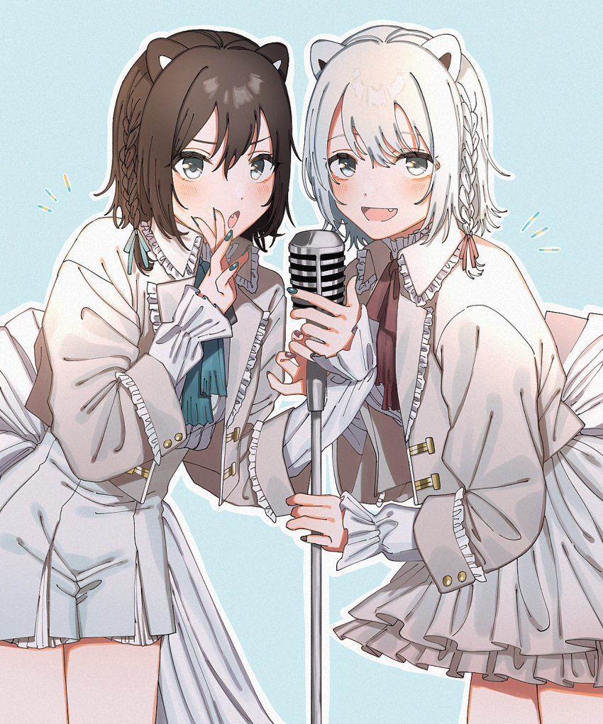 2girls alternate_costume animal_ears ascot bear_ears black_nails blue_background braid brown_hair commentary cupping_hand fang fingernails frills green_ribbon grey_eyes hair_ribbon highres holding holding_microphone holding_microphone_stand indie_virtual_youtuber iwawa jacket kumagai_chihiro_(kumagai_chisato) kumagai_chisato leaning_forward looking_at_viewer microphone microphone_stand multiple_girls nail_polish notice_lines outline red_ribbon ribbon short_hair shorts siblings simple_background single_braid sisters skirt thighs vintage_microphone white_hair white_jacket white_outline white_skirt