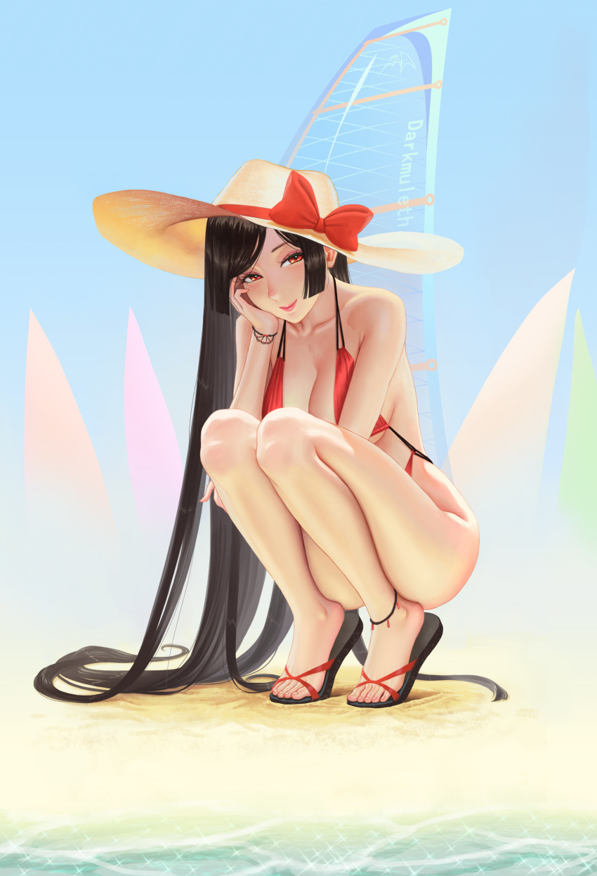 1girl absurdres anklet artist_name ass bare_shoulders beach bikini black_hair bow bracelet breasts cleavage collarbone commentary_request darkmuleth full_body hat hat_bow highres jewelry large_breasts lips long_hair looking_at_viewer original red_bikini red_bow red_eyes sideboob smile solo squatting straight_hair straw_hat swimsuit tiptoes toes underboob very_long_hair