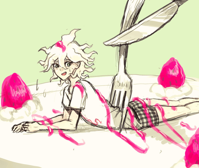 1boy :d bangs blush danganronpa_(series) danganronpa_2:_goodbye_despair feet_out_of_frame food fork from_side fruit hair_between_eyes highres impaled knife komaeda_nagito lying messy_hair miniboy on_stomach plaid_male_underwear shirt short_sleeves smile solo strawberry sweat teeth upper_teeth yandr4hope