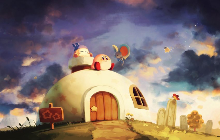 bandana_waddle_dee bug butterfly chimney closed_eyes cloud cloudy_sky door elfilin highres house kirby kirby's_house kirby_(series) kirby_and_the_forgotten_land looking_up shadow_kirby sign sky sleeping smile star_(symbol) sunset suyasuyabi tree ufo_(kirby) warp_star window