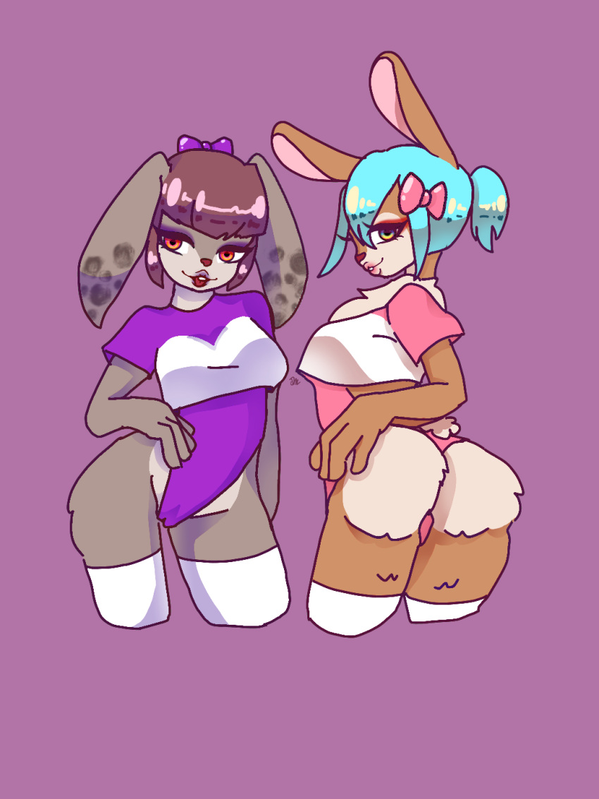 accessory animal_humanoid bangs blue_hair bodysuit brown_hair bunny_costume camel_toe clothing costume duo ears_down ears_up female female/female hair hair_accessory hair_bow hair_over_eye hair_ribbon hand_on_butt hand_on_hip hi_res humanoid lagomorph lagomorph_humanoid legwear leotard leporid lipstick makeup mammal mammal_humanoid mochibun_(mugelbbub16) mugelbbub16 neck_tuft one_eye_obstructed pivoted_ears ponytail rabbit ribbons short_hair short_sleeves skinsuit sweet_tea_(mugelbbub16) thigh_highs thong tight_clothing tuft underwear