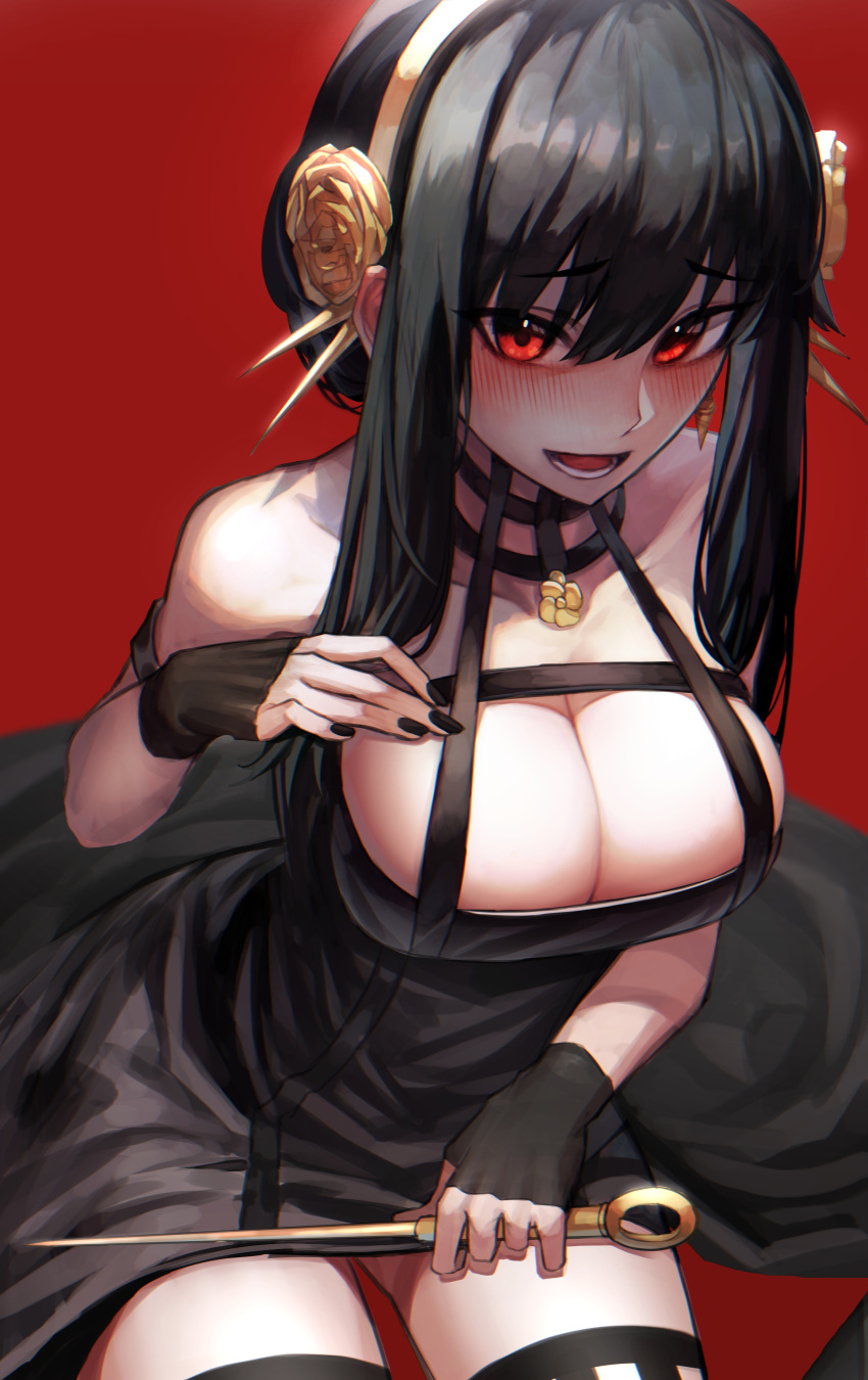 1girl absurdres bare_shoulders black_dress black_gloves black_hair black_legwear black_nails blush breasts cleavage collarbone dagger dress eyebrows_visible_through_hair fingerless_gloves from_above gilmang gloves gold_hairband hand_up highres holding holding_dagger holding_weapon knife large_breasts long_hair looking_at_viewer open_mouth raised_eyebrows red_background red_eyes rose_hair_ornament sidelocks simple_background sitting smile solo spikes spy_x_family teeth thighhighs weapon yor_briar
