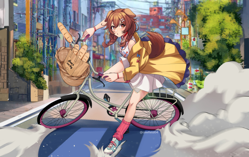 1girl :o absurdres akira akira_slide animal_ears baguette bangs bicycle bicycle_basket braid bread brown_eyes brown_hair cawfield city collar day determined dog_ears dog_girl dog_tail dress dust_cloud food full_body ground_vehicle hair_between_eyes highres hololive inugami_korone jacket looking_at_viewer medium_hair open_mouth outdoors red_collar red_legwear riding_bicycle scene_reference solo spanish_commentary sunlight tail twin_braids twitter_username v-shaped_eyebrows virtual_youtuber white_dress white_footwear yellow_jacket