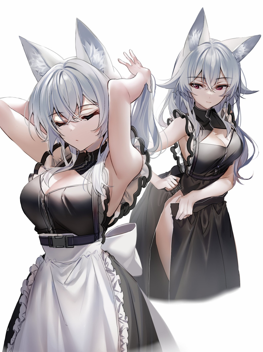 1girl animal_ear_fluff animal_ears apron armpits arms_up bare_arms bare_shoulders black_dress black_skirt breasts cleavage cleavage_cutout closed_eyes clothing_cutout dress fox_ears frilled_dress frills grey_hair highres kawachi_rin large_breasts long_hair looking_at_viewer maid maid_apron multiple_views open_clothes open_skirt original red_eyes simple_background skirt sleeveless sleeveless_dress smile waist_apron white_background