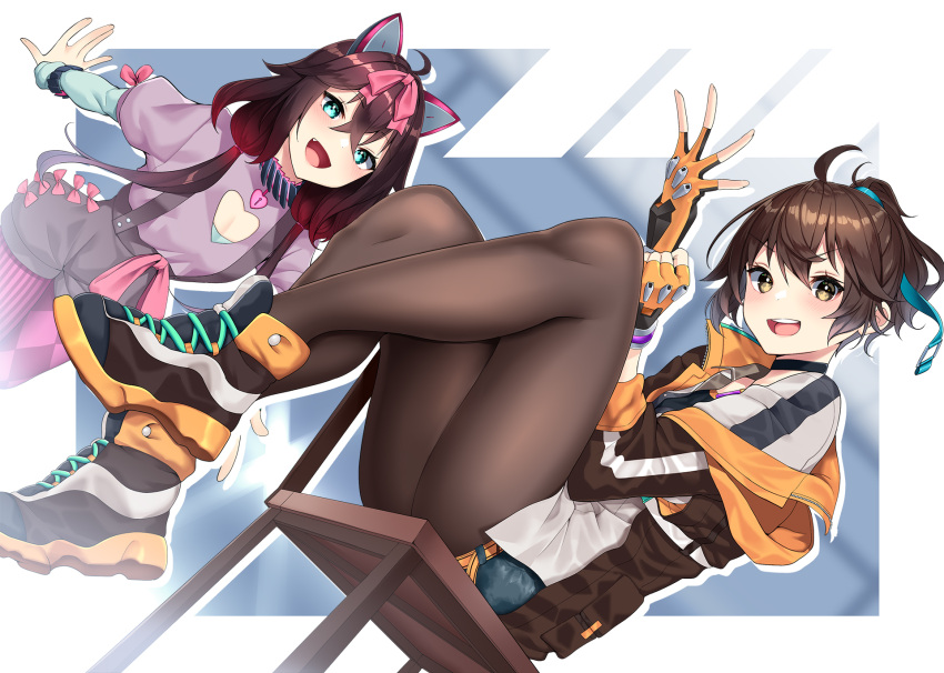 2girls adjusting_clothes adjusting_gloves black_legwear blonde_hair brown_hair cat_ear_hairband chair cleavage_cutout clothing_cutout collar dusk_diver fang fang_out fingerless_gloves gloves green_eyes highres jacket multiple_girls nebusoku nemea official_art open_mouth pantyhose ponytail purple_hair shoes short_hair shorts yang_yumo