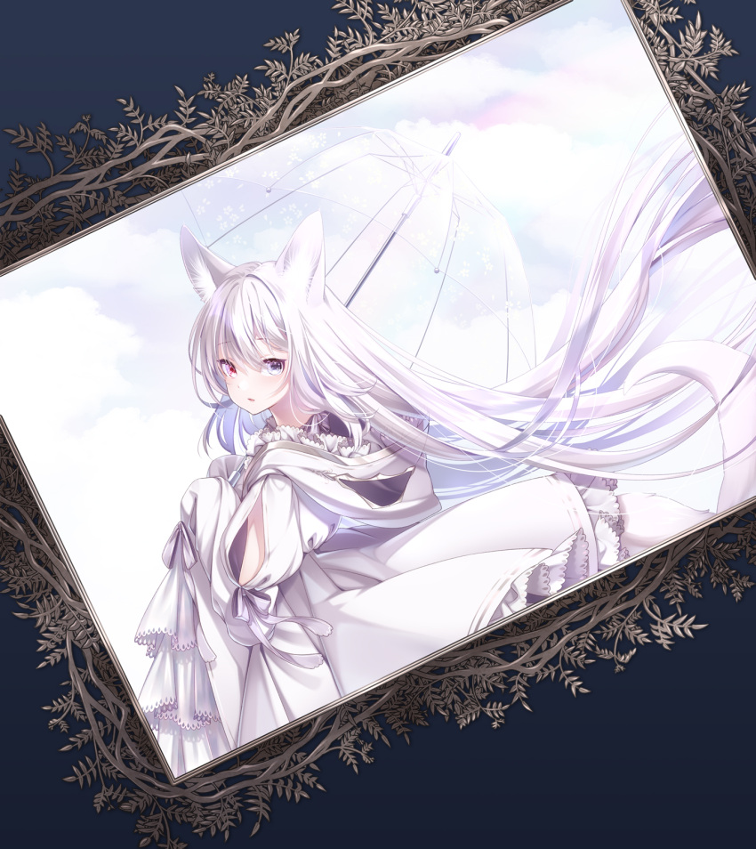 1girl animal_ear_fluff animal_ears blue_eyes dress fox_ears fox_girl heterochromia highres long_hair long_sleeves looking_at_viewer original portrait red_eyes sagami_rin silver_hair umbrella very_long_hair white_dress