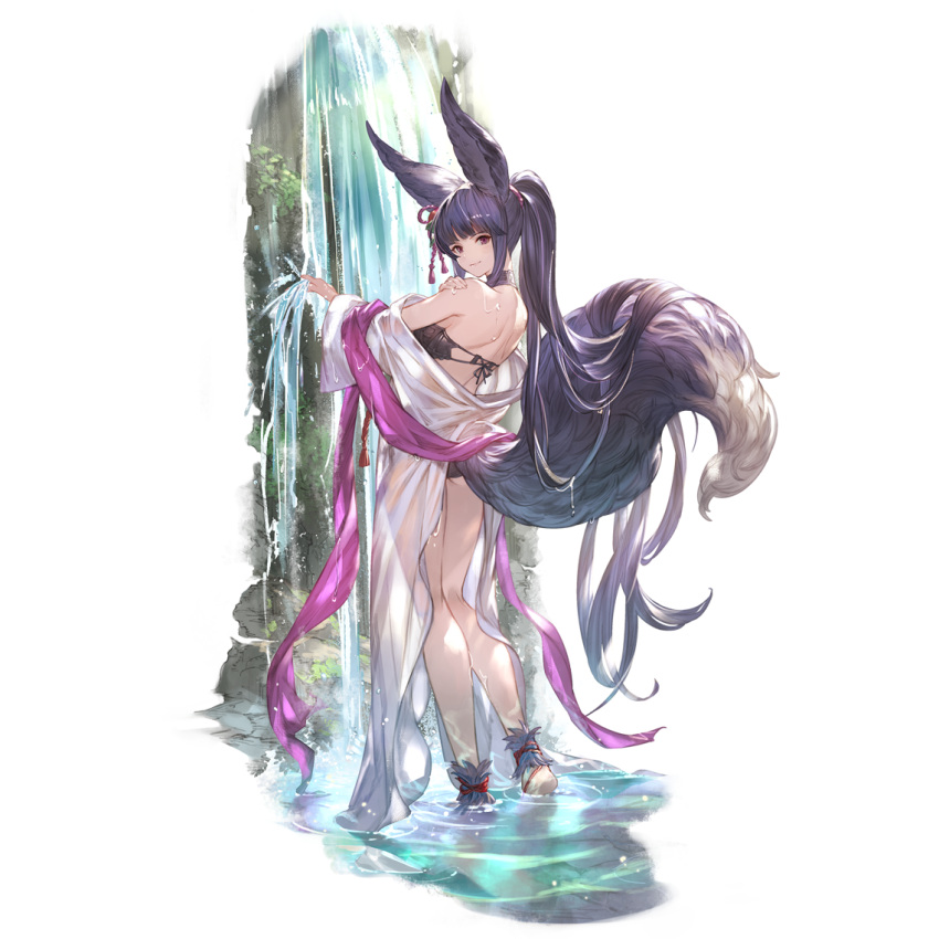 1girl animal_ears bangs bikini closed_mouth erune fox_ears fox_girl fox_tail from_behind full_body granblue_fantasy hair_ornament hand_on_own_shoulder hand_up long_hair looking_at_viewer looking_back minaba_hideo official_art ponytail purple_eyes purple_hair see-through shawl simple_background smile solo standing swimsuit tail third-party_edit transparent_background wading water wet wet_clothes yuel_(granblue_fantasy)