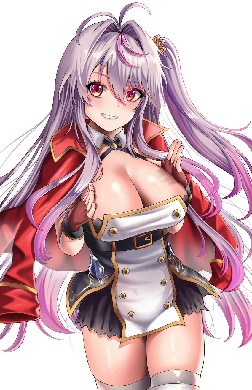 1girl absurdres azur_lane bangs blush breasts brown_gloves buko_(bukosuki) cleavage commission dress eyebrows_visible_through_hair feet_out_of_frame fingerless_gloves gloves grenville_(azur_lane) grey_hair hands_on_own_chest highres jacket large_breasts long_hair looking_at_viewer multicolored_hair open_clothes open_jacket open_mouth parted_lips pixiv_request purple_hair red_eyes red_jacket side_ponytail smile solo standing teeth_hold thighhighs white_background white_legwear