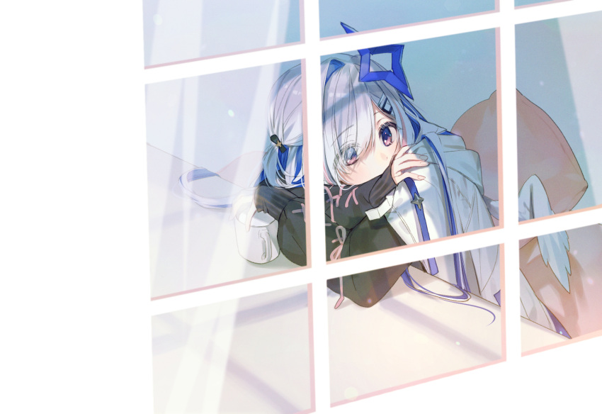 1girl amane_kanata angel_wings blue_hair cup eyebrows_visible_through_hair hair_ornament hairclip highres hololive hood hoodie long_hair long_sleeves looking_to_the_side moro_(from_m0r0) mug purple_eyes silver_hair sitting solo two_side_up virtual_youtuber window wings