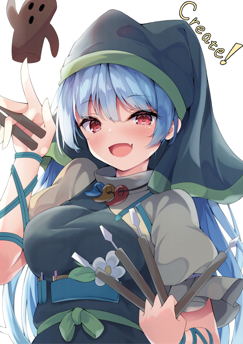 1girl bangs belt blue_hair chisel eyebrows_visible_through_hair fang flower green_belt green_scarf haniyasushin_keiki head_scarf highres holding long_hair looking_at_viewer madotsukumo magatama magatama_necklace open_mouth puffy_short_sleeves puffy_sleeves red_eyes scarf short_sleeves simple_background smile solo tools touhou upper_body white_background wood_carving_tool