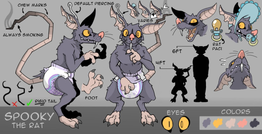 anthro bonnet burnt claws clothing diaper digitigrade ear_piercing fish_hook fishbone headgear headwear looking_at_viewer male mammal model_sheet murid murine open_mouth pacifier piercing poofy_dragon rat rodent safety_pin smile smoking solo spooky_the_rat standing teeth