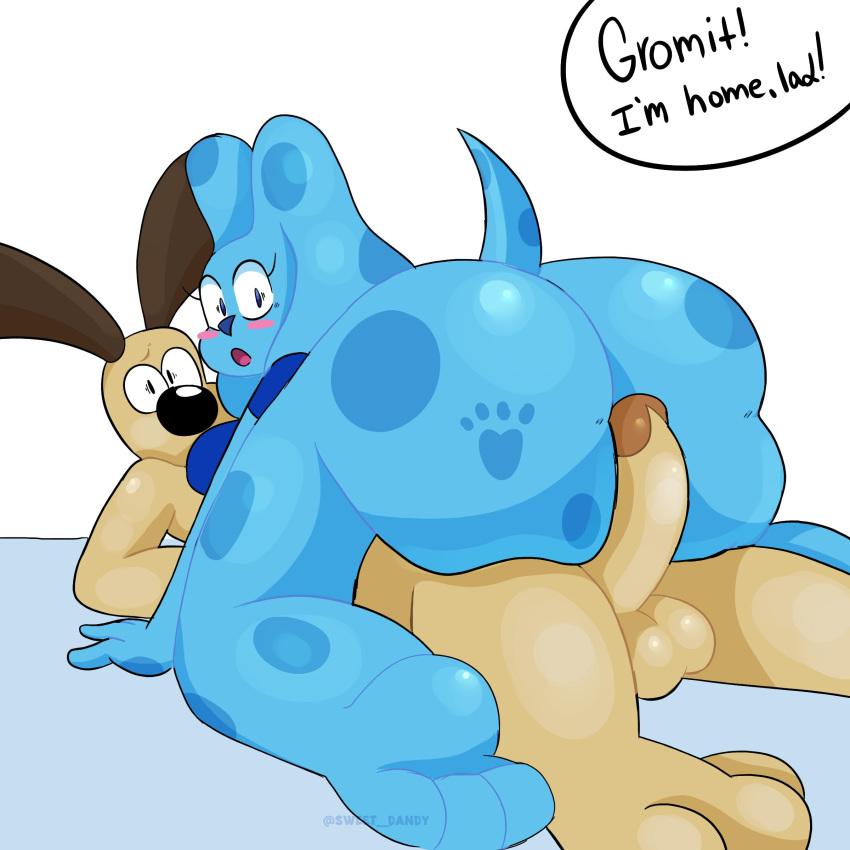 aardman_animations absurd_res anthro anthro_on_anthro balls big_butt blue's_clues blue_(blue's_clues) blue_body blue_fur brown_ears butt canid canine canis clothed clothing domestic_dog duo female fur genitals grinding gromit_(wallace_and_gromit) hi_res laid_down male male/female mammal nervous nickelodeon partially_clothed penis shirt shocked surprise sweetdandy topwear wallace_and_gromit