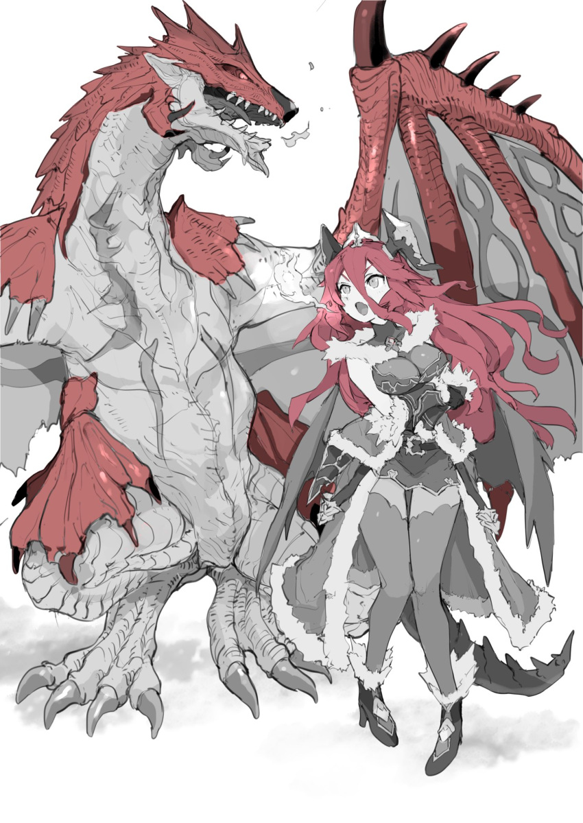 1girl armor breasts breathing_fire cleavage crossed_arms crown dragalia_lost dragon dragon_girl dragon_tail fire full_body fur_trim high_heels highres horns long_hair monster_hunter_(series) mym_(dragalia_lost) nikukaiq open_mouth partially_colored rathalos red_hair tail thighhighs