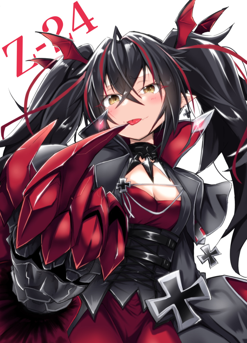 1girl absurdres azur_lane bangs black_choker black_dress black_hair breasts character_name choker claw_(weapon) cleavage cowboy_shot cross crossed_bangs dress highres iron_cross long_hair looking_at_viewer multicolored_hair red_hair simple_background small_breasts solo streaked_hair tenteru twintails two-tone_hair weapon white_background yellow_eyes z24_(azur_lane)