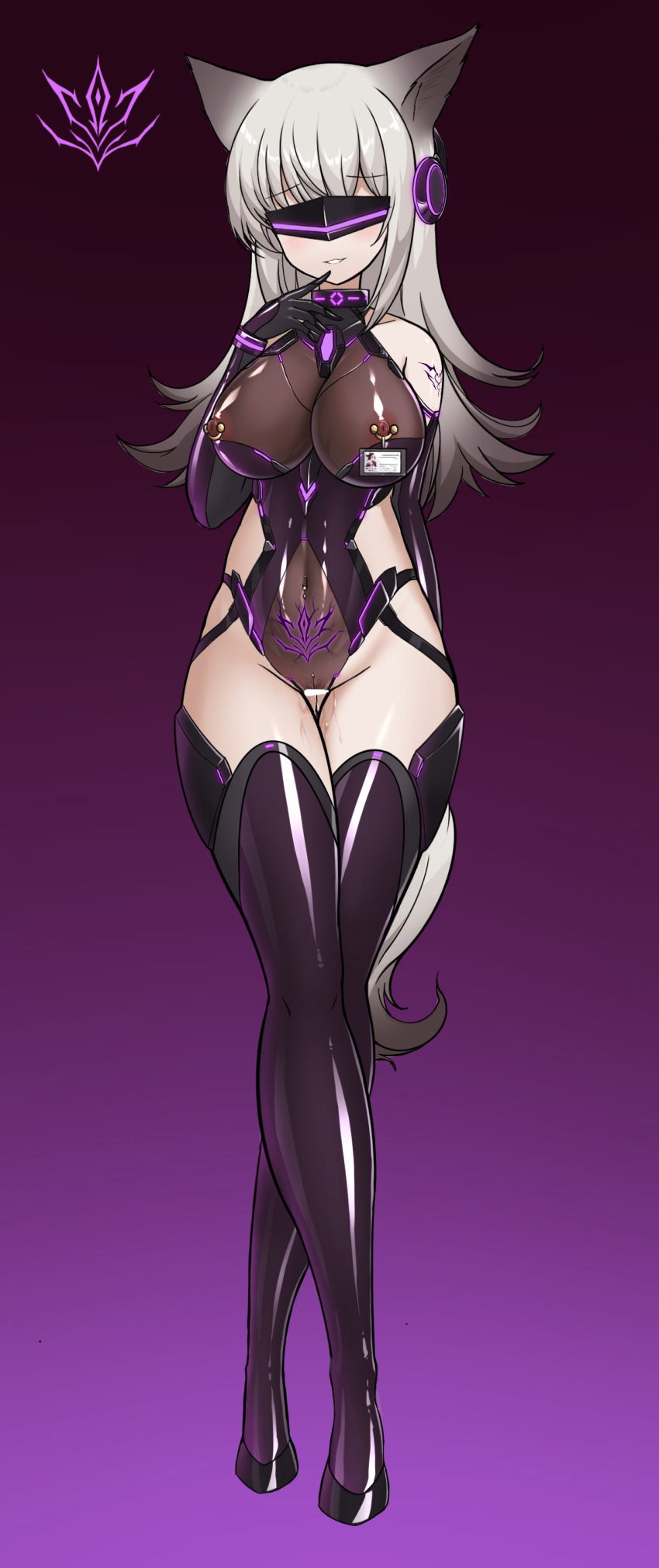 1girl absurdres alternate_costume animal_ears arknights bar_censor bare_shoulders behind-the-head_headphones black_gloves blush boots brown_leotard budesonide censored corruption covered_navel crossed_legs crotchless crotchless_leotard dark_persona elbow_gloves facing_viewer finger_to_mouth fox_ears fox_girl fox_tail frostleaf_(arknights) full_body gloves gradient gradient_background groin headphones highres implied_extra_ears impossible_clothes impossible_leotard leotard long_hair looking_at_viewer nipple_piercing parted_lips piercing piercing_through_clothes pubic_tattoo purple_background purple_footwear pussy pussy_juice shoulder_tattoo silver_hair smile solo standing tail tattoo thigh_boots thighhighs visor watson_cross