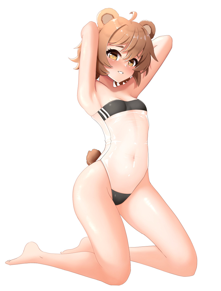 1girl absurdres ahoge animal_ears armpits arms_behind_head bear_ears bear_tail blush breasts brown_hair grin gris_swimsuit highres kneeling light_brown_eyes meme_attire navel original short_hair small_breasts smile solo tail yan_kodiac