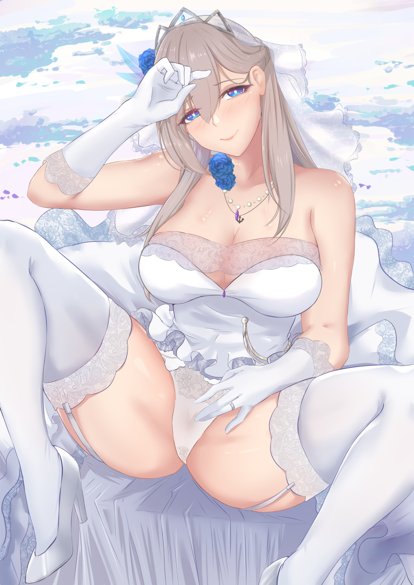 1girl absurdres anchor_necklace blue_eyes braid breasts bridal_veil dress feather_hair_ornament feathers french_braid gloves hair_ornament high_heels highres hiroshi_(2443303124) jewelry large_breasts lexington_(warship_girls_r) long_hair panties platinum_blonde_hair ring smile solo spread_legs thighhighs underwear veil warship_girls_r wedding_band wedding_dress white_dress white_footwear white_gloves white_legwear white_panties