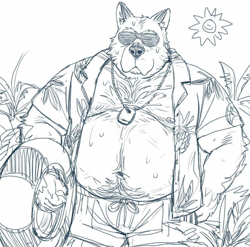 2022 anthro belly big_belly biped bodily_fluids bottomwear canid canine canis clothed clothing domestic_dog eyewear glasses hi_res huynhduyad14 kemono male mammal moobs navel nipples open_clothing open_shirt open_topwear overweight overweight_male shirt shorts solo sun sweat topwear