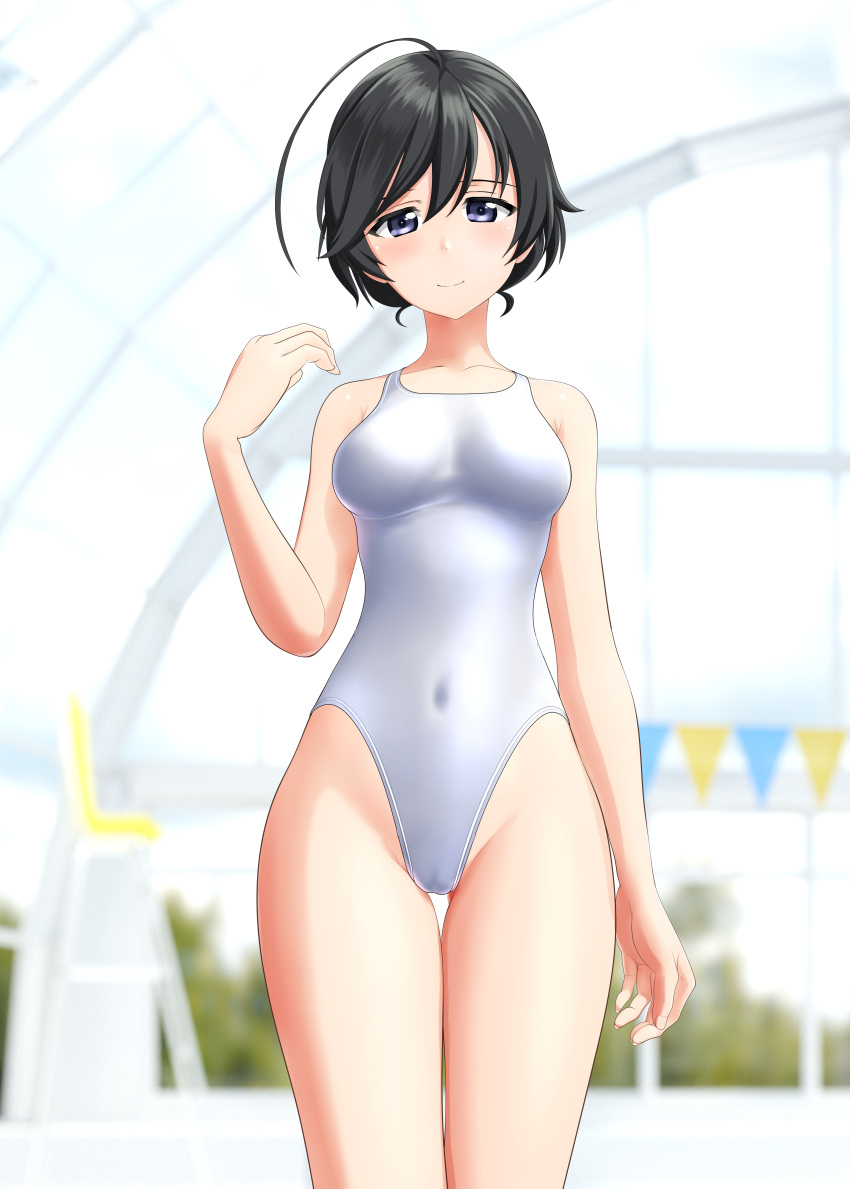 1girl absurdres ahoge black_eyes black_hair blurry blurry_background breasts commentary_request competition_swimsuit covered_navel cowboy_shot girls_und_panzer highres indoors isuzu_hana long_hair medium_breasts one-piece_swimsuit solo string_of_flags swimsuit takafumi thigh_gap updo white_swimsuit