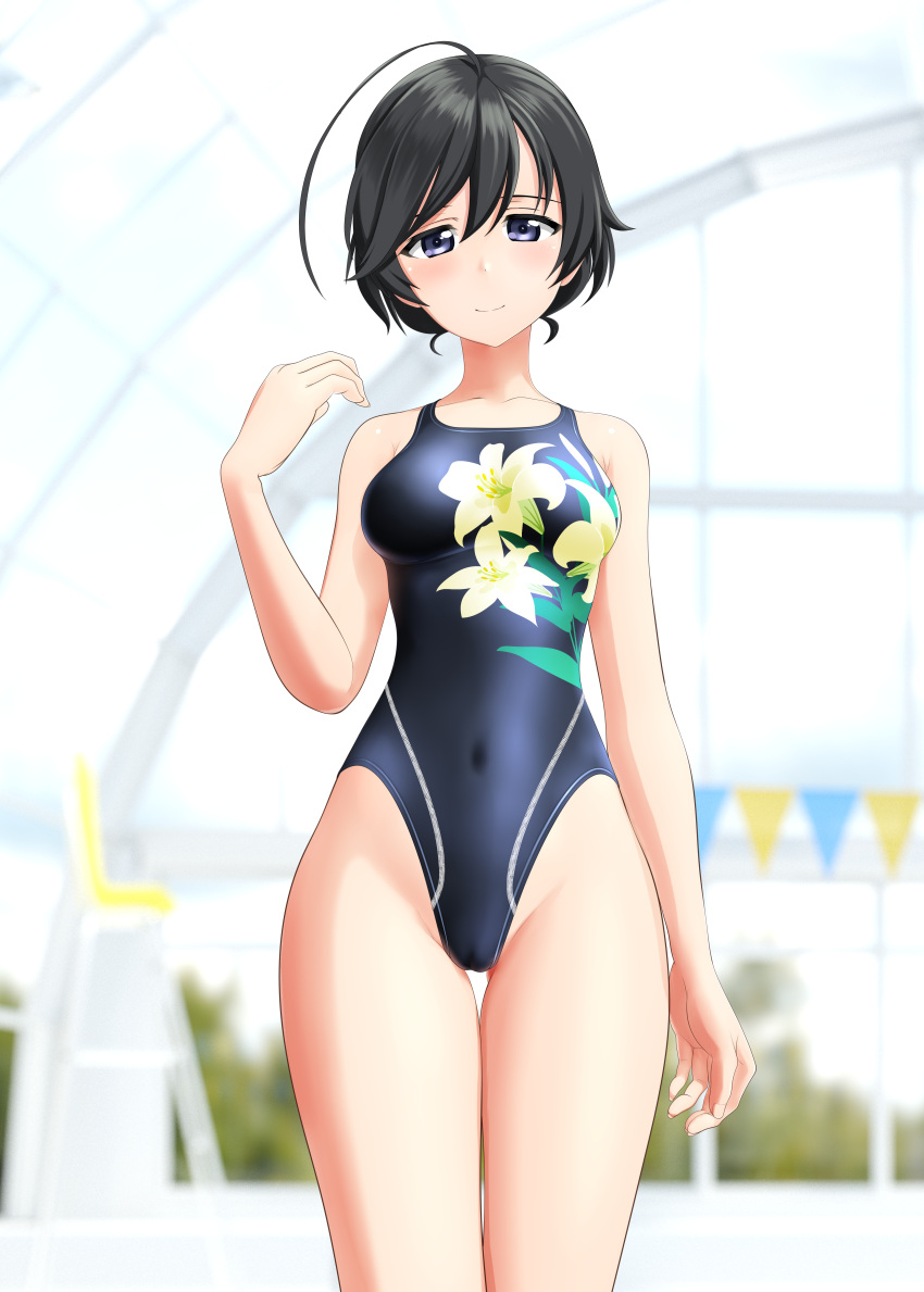 1girl absurdres ahoge black_eyes black_hair black_swimsuit blurry blurry_background breasts commentary_request competition_swimsuit covered_navel cowboy_shot floral_print girls_und_panzer highres indoors isuzu_hana long_hair medium_breasts one-piece_swimsuit solo string_of_flags swimsuit takafumi thigh_gap updo