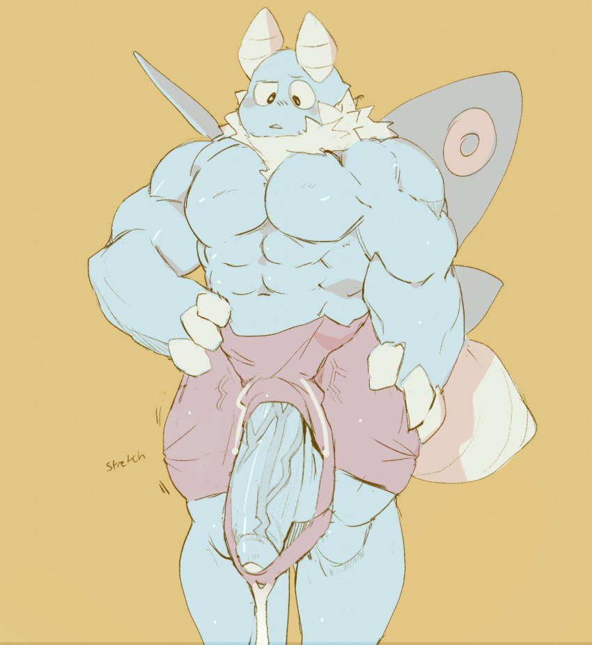 anthro arthropod big_muscles big_penis bodily_fluids dripping fluffedwings genital_fluids genitals hi_res huge_penis insect lepidopteran lionel_(fluffedwings) male moth muscular penis precum precum_drip solo