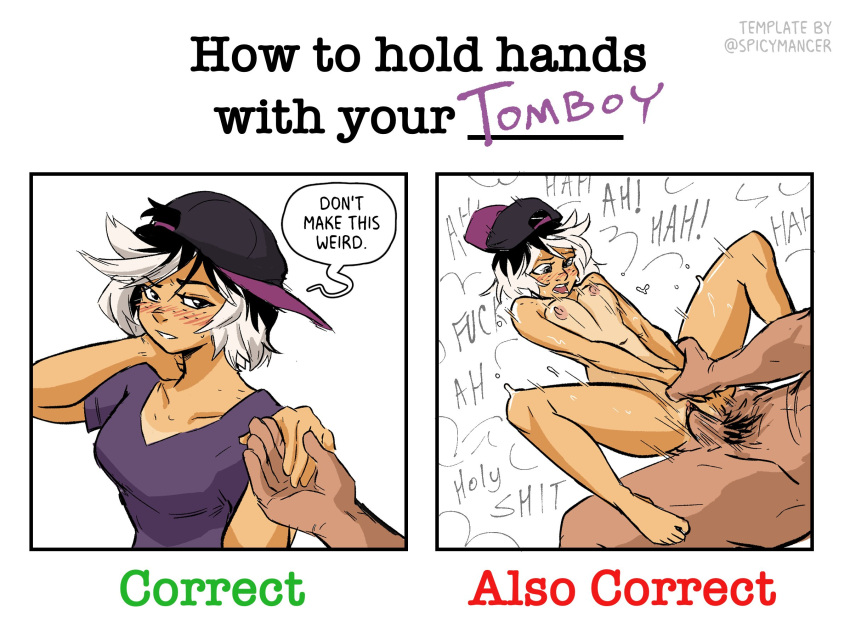 backwards_hat baseball_cap black_hair bouncing_breasts breasts clitoris completely_nude dark-skinned_female dark-skinned_male dark_skin english_commentary english_text fancymancer female_orgasm freckles fucked_silly grey_hair hat highres holding_another's_wrist holding_hands holding_hands_is_lewd how_to_hold_hands_with_your_xxx_(meme) instant_loss looking_at_viewer m_legs medium_breasts meme multicolored_hair navel nude one-piece_tan orgasm original penis pov pov_hands profanity purple_shirt pussy rough_sex sex shirt speech_bubble spread_legs sweat t-shirt tan tanlines template tomboy two-tone_hair uncensored v-neck vaginal wyatt_taiga
