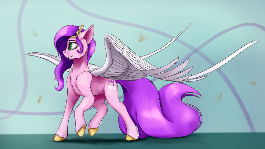 absurd_res crown cutie_mark equid equine feathered_wings feathers female feral fur green_eyes hair hasbro hi_res mammal mlp_g5 my_little_pony pegasus pink_body pink_fur pipp_petals_(mlp) purple_hair purple_tail solo tenebrisnoctus tuft wings