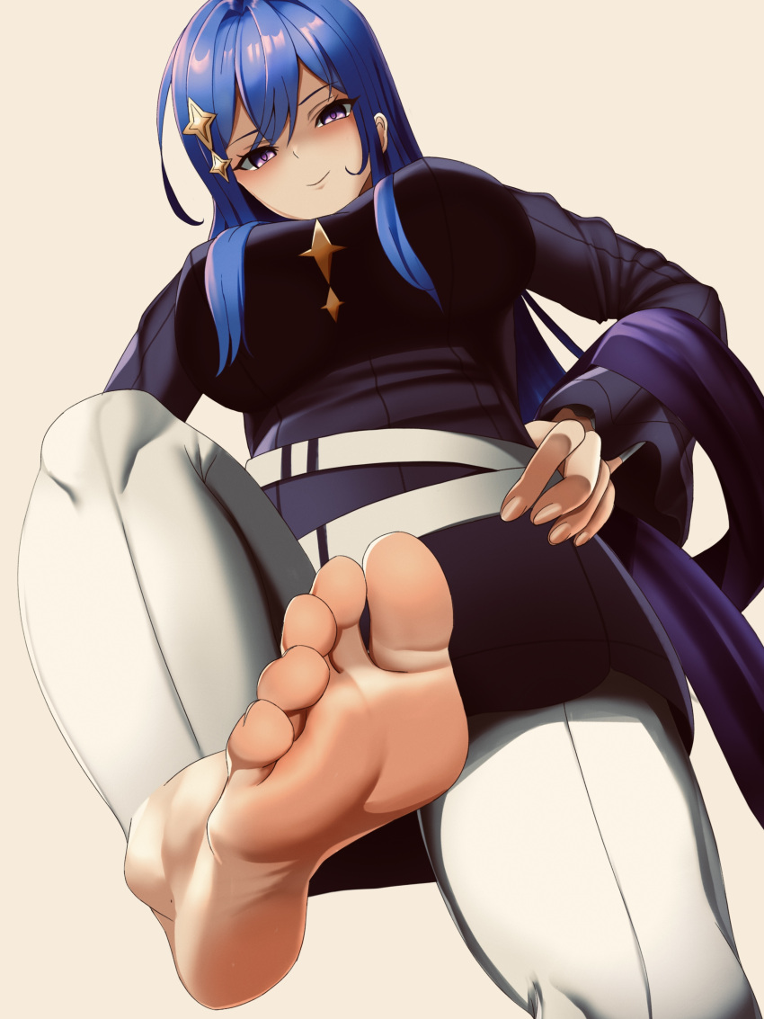 1girl absurdres bangs barefoot belt blue_hair blush breasts closed_mouth commentary commission eyebrows_visible_through_hair feet foot_focus from_below hair_ornament hairclip hand_on_hip highres long_hair looking_at_viewer maha_(ansatsu_kizoku) medium_breasts nuchitarou pants pixiv_request purple_eyes purple_sweater sekai_saikou_no_ansatsusha_isekai_kizoku_ni_tensei_suru simple_background smirk soles solo standing standing_on_one_leg sweater toes turtleneck turtleneck_sweater white_belt white_pants