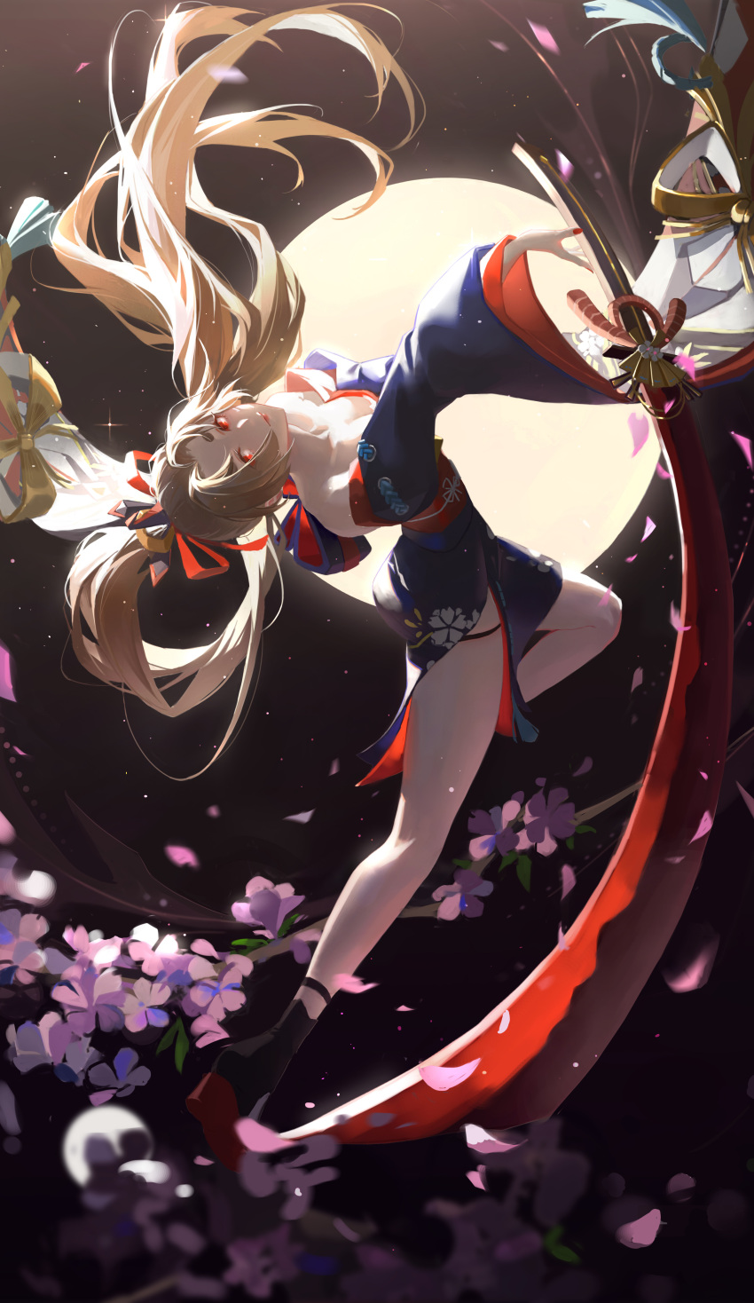 1girl absurdres backflip bangs breasts brown_hair cleavage floating_hair flower from_behind fs_(21338833) high_ponytail highres japanese_clothes leg_up light moon nail_polish night official_alternate_costume onmyoji parted_bangs red_eyes red_nails sandals side_slit smile solo sword thigh_strap weapon wind youtouhime
