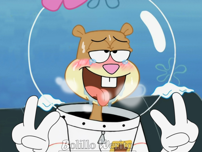 absurd_res bodily_fluids cum cum_on_face double_v_sign female genital_fluids gesture hi_res mammal nickelodeon rodent sandy_cheeks sciurid solo spongebob_squarepants tongue tongue_out v_sign