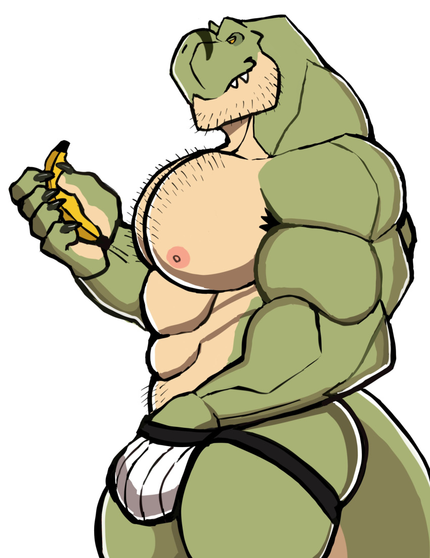 absurd_res anthro banana big_muscles big_pecs body_hair bulge chest_hair clothed clothing darknaigart dinosaur facial_hair food fruit green_body hand_in_underwear hi_res jace_(darknaig) jockstrap male muscular muscular_anthro muscular_male nipples pecs plant reptile scalie side_view simple_background solo theropod topless tyrannosaurid tyrannosaurus tyrannosaurus_rex underwear white_background