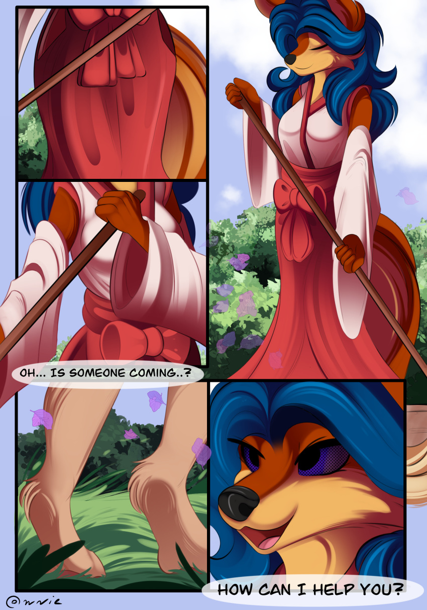 absurd_res anthro broom carmelita_fox cleaning_tool clothing comic conrie dialogue dress eyes_closed grass hi_res hypnosis mind_control plant sky slave sly_cooper sly_cooper_(series) sony_corporation sony_interactive_entertainment standing sucker_punch_productions video_games