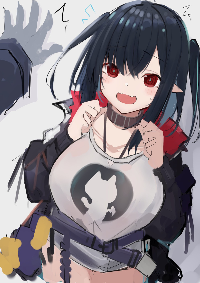 1girl 1other :d @_@ arknights asususususu bangs belt black_hair black_jacket blush breasts closure_(arknights) collar collarbone cowboy_shot doctor_(arknights) eyebrows_visible_through_hair highres jacket kabedon large_breasts long_hair long_sleeves nervous_smile no_pants open_clothes open_jacket open_mouth pointy_ears pov red_eyes shirt sketch smile solo_focus sweatdrop two_side_up white_shirt