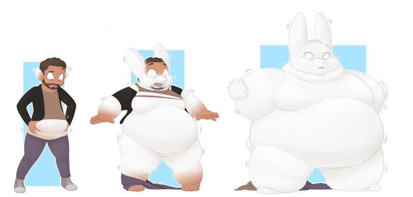 absurd_res anthro beard belly belly_grab big_belly brown_hair buckteeth candy chubby_cheeks clothed clothing dessert facial_hair fauvfox food food_creature food_transformation hair hi_res human human_to_anthro inflation lagomorph leporid living_candy male mammal marshmallow moobs nude obese obese_anthro obese_male open_mouth overweight overweight_anthro overweight_male rabbit sequence slightly_chubby slightly_chubby_male solo species_transformation standing surprise teeth thick_thighs torn_clothing transformation weight_gain