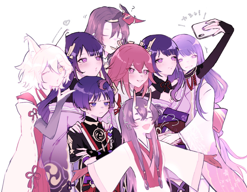 ? armor black_hair blowing_kiss chiyo_(genshin_impact) closed_eyes crossed_arms flower genshin_impact hair_flower hair_ornament hand_on_another's_shoulder hands_on_another's_waist heart holding holding_phone horns japanese_armor japanese_clothes kimono kitsune_saiguu kote kumayururi kurokote long_hair long_sleeves makoto_(genshin_impact) mole mole_under_eye obi oni oni_horns phone pink_eyes pink_hair purple_eyes purple_flower purple_hair purple_kimono purple_nails raiden_shogun sasayuri_(genshin_impact) sash scaramouche_(genshin_impact) selfie short_hair short_sleeves siblings sisters tomoe_(symbol) twins white_background white_hair yae_miko yellow_eyes