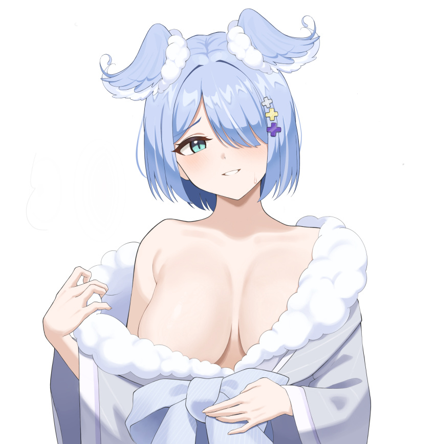 1girl absurdres bangs blue_eyes blue_hair breasts breasts_apart cross_hair_ornament elira_pendora fur-trimmed_robe grey_rose hair_ornament hair_over_one_eye head_wings highres large_breasts long_sleeves looking_at_viewer new_sankin_nyu nijisanji no_bra off_shoulder parted_lips short_hair simple_background smile solo upper_body virtual_youtuber white_background wide_sleeves