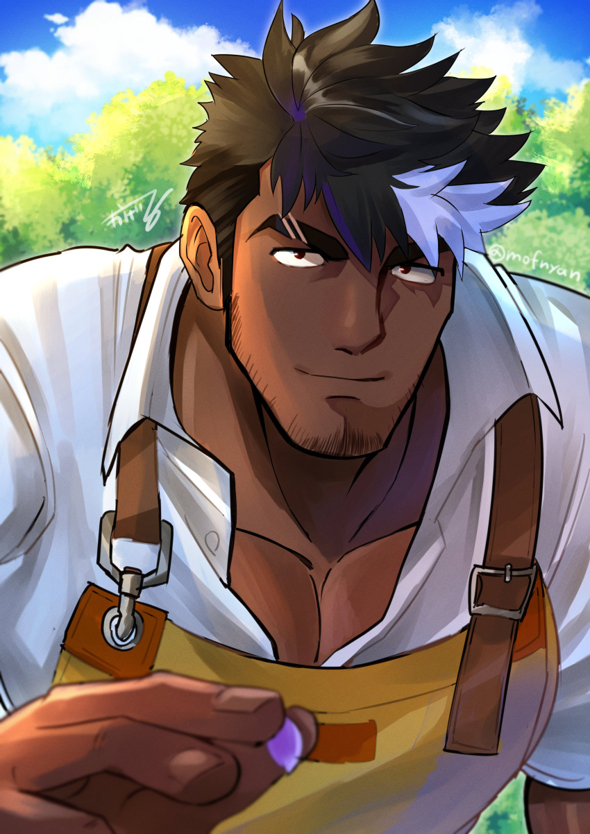 1boy absurdres apron bara black_hair dark-skinned_male dark_skin facial_hair highres kageru_(mofnyan) large_pectorals lilac_(live_a_hero) live_a_hero looking_at_viewer male_focus multicolored_hair muscular muscular_male partially_unbuttoned pectorals purple_eyes purple_hair shirt sideburns solo streaked_hair twitter_username two-tone_hair upper_body white_shirt