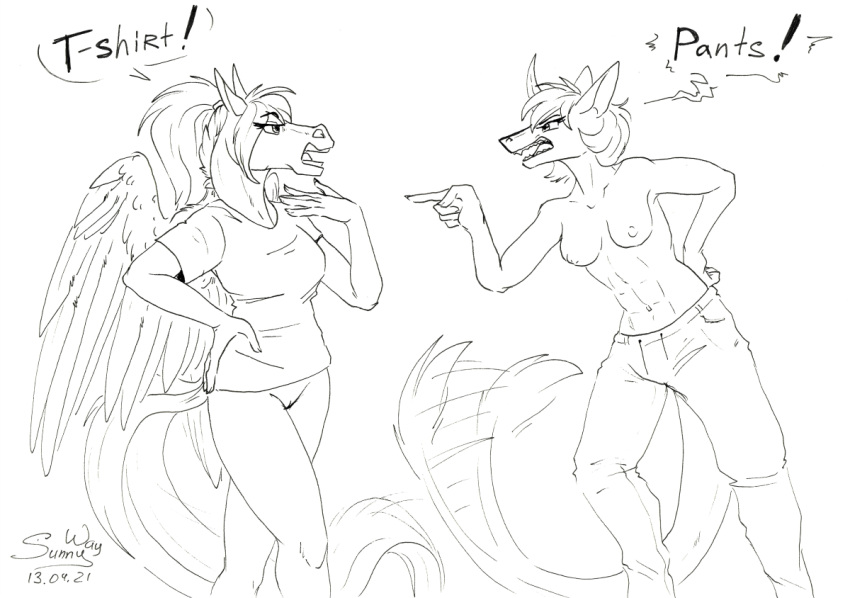 alirfesta_felastis anthro arguing bottomwear breasts clothed clothing cute_expression duo duo_focus equid equine equis_universe female female/female genitals group horse humor ki'rinaes mammal muscular muscular_anthro muscular_female nipples pants pegasus pussy shirt sketch sunny_way sunny_way_(character) t-shirt thick_thighs topwear traditional_media_(artwork) vs wings