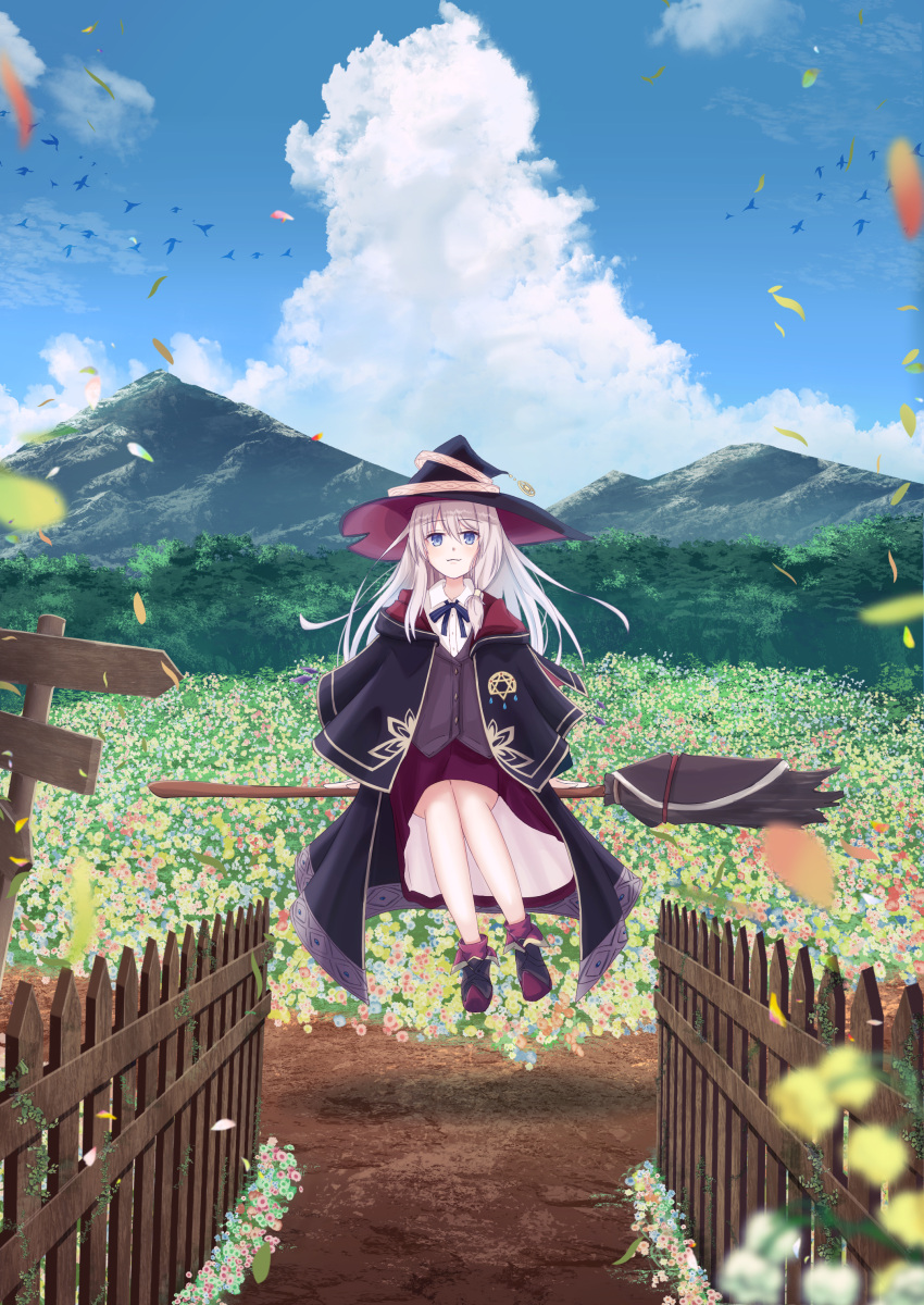 1girl :3 absurdres bangs black_cape black_headwear blue_eyes blue_sky broom broom_riding cape closed_mouth cumulonimbus_cloud day dress_shirt elaina_(majo_no_tabitabi) elumina1213 eyebrows_visible_through_hair floating_hair full_body grey_vest hair_between_eyes hat highres long_hair looking_at_viewer majo_no_tabitabi motion_blur outdoors petals purple_skirt shirt silver_hair skirt sky smile solo vest white_shirt witch_hat