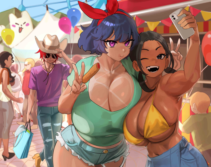 1boy 2girls asymmetrical_docking bangs blue_hair breast_press breasts brown_hair cleavage crowd dark-skinned_female dark_skin denim denim_shorts enta_(nia) gigantic_breasts gyaru hat highres huge_breasts long_hair multiple_boys multiple_girls nia_(nia4294) open_mouth original purple_eyes ribbon shirt short_hair short_shorts shorts smile tan tanlines