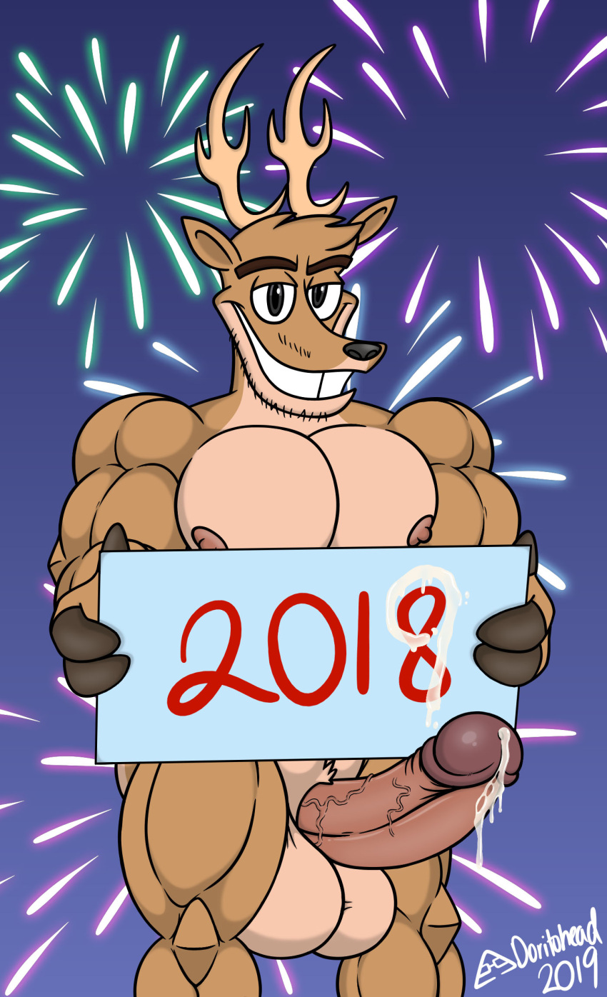 2019 anthro antlers areola artist_name balls bedroom_eyes biceps big_balls big_penis bodily_fluids brown_body brown_fur capreoline cervid cum digital_media_(artwork) doritohead fingers fireworks fur genital_fluids genitals grey_eyes hi_res holidays horn huge_balls huge_penis looking_at_viewer male mammal multicolored_body multicolored_fur muscular muscular_anthro muscular_male muscular_thighs narrowed_eyes new_year nipples nude pecs penis precum seductive sign signature simple_background smile solo tan_body tan_fur teeth two_tone_body two_tone_fur vaughn_venison vein veiny_penis white-tailed_deer