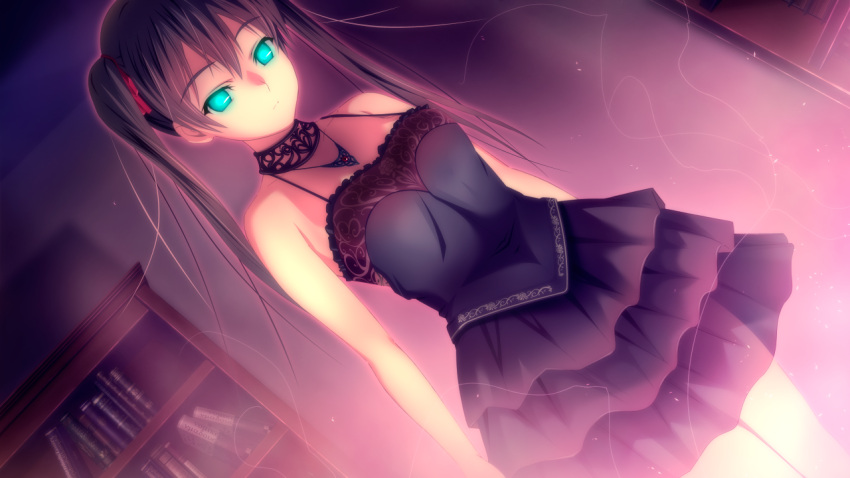 1girl bangs bare_arms bare_shoulders black_dress black_hair blue_eyes bookshelf closed_mouth collarbone cowboy_shot dress dutch_angle eyebrows_visible_through_hair game_cg hair_between_eyes hair_ribbon hyakki_ryouran_no_yakata layered_dress long_hair m&amp;m mikado_ririka red_ribbon ribbon short_dress sleeveless sleeveless_dress solo spaghetti_strap standing twintails