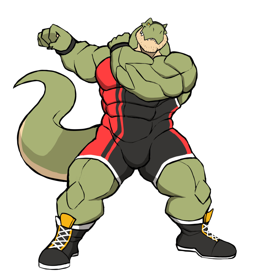 abs absurd_res anthro big_muscles black_clothing bulge clothing darknaigart dinosaur facial_hair footwear green_body hi_res jace_(darknaig) male muscular muscular_anthro muscular_male reptile scalie shoes simple_background solo theropod tyrannosaurid tyrannosaurus tyrannosaurus_rex white_background wrestling_singlet